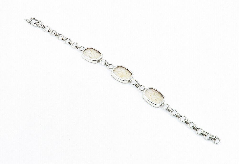 925 Sterling Silver  Vintage Rutilated Quartz Round Link Chain Bracelet BT2250