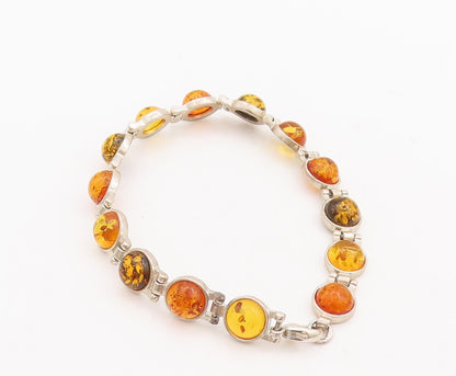925 Sterling Silver Vintage Bracelet Round Honey Amber Hinged Links  BT10667