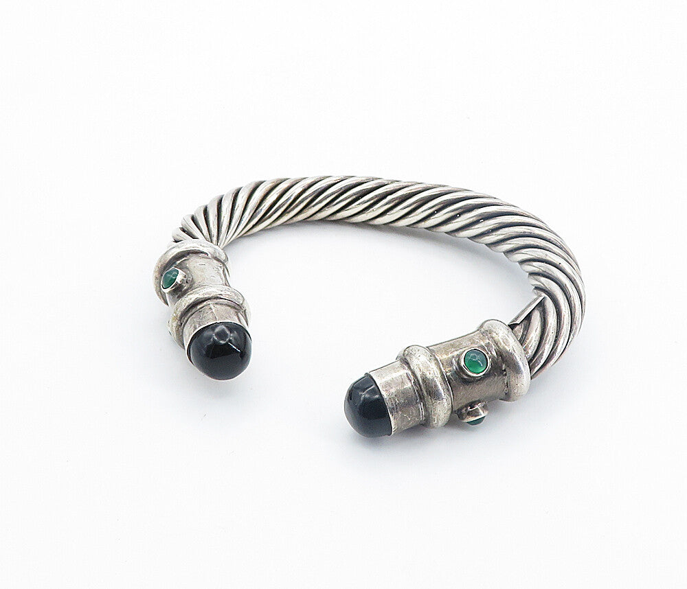 MEXICO 925 Silver  Vintage Black Onyx & Green Topaz Twist Cuff Bracelet BT3514