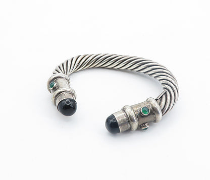 MEXICO 925 Silver  Vintage Black Onyx & Green Topaz Twist Cuff Bracelet BT3514