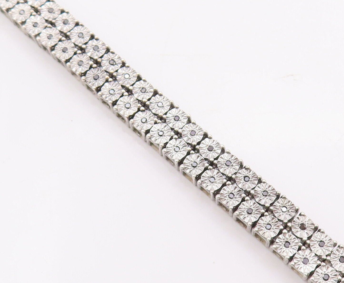 925 Sterling Silver Vintage Bracelet Floral Etched Band Black Diamonds  BT10630
