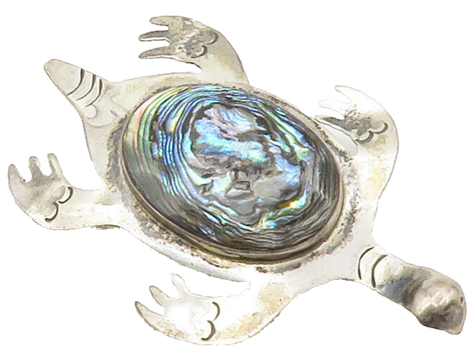 MEXICO 925 Sterling Silver  Vintage Abalone Shell Sea Turtle Brooch Pin BP5983