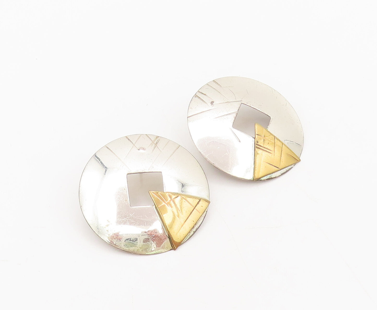 925 Sterling Silver  Vintage Gold Plated Triangle Circular Earrings  EG12766