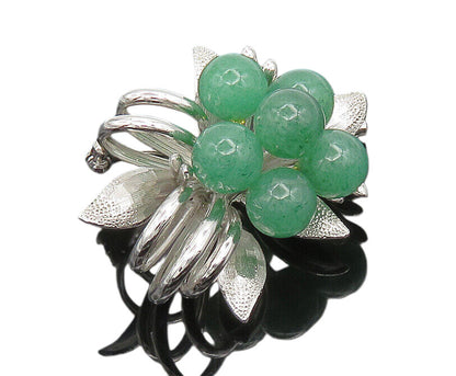 925 Sterling Silver  Vintage Jade Beads Shiny Floral Brooch Pin  BP7840