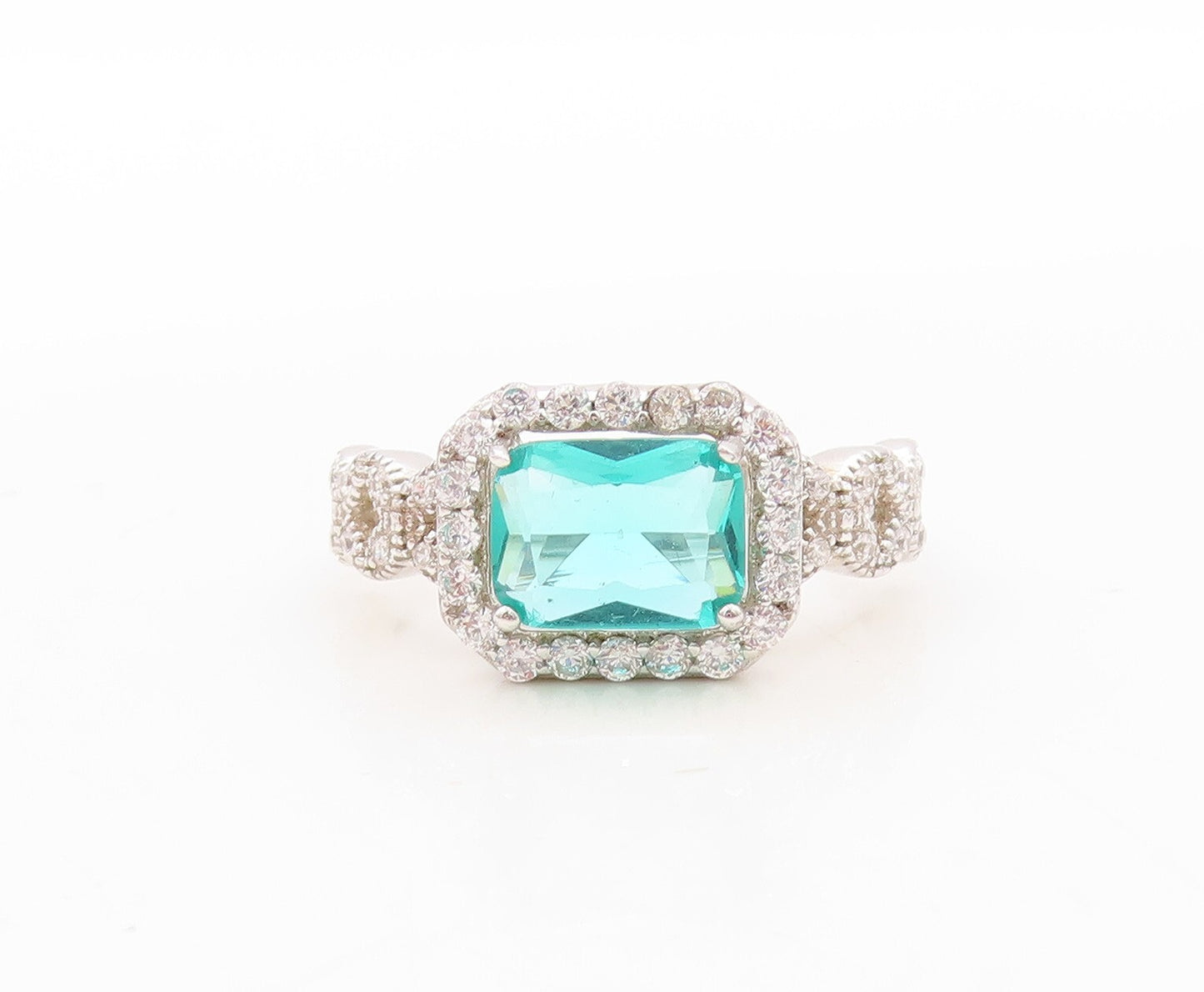 925 Sterling Silver Vintage Ring Designer Sea Blue & White CZ Inlay Sz 7 RG30896