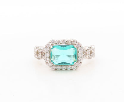 925 Sterling Silver Vintage Ring Designer Sea Blue & White CZ Inlay Sz 7 RG30896