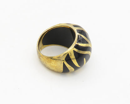 925 Sterling Silver  Black Onyx Striped Gold Plated Band Ring Sz 6.5  RG18117