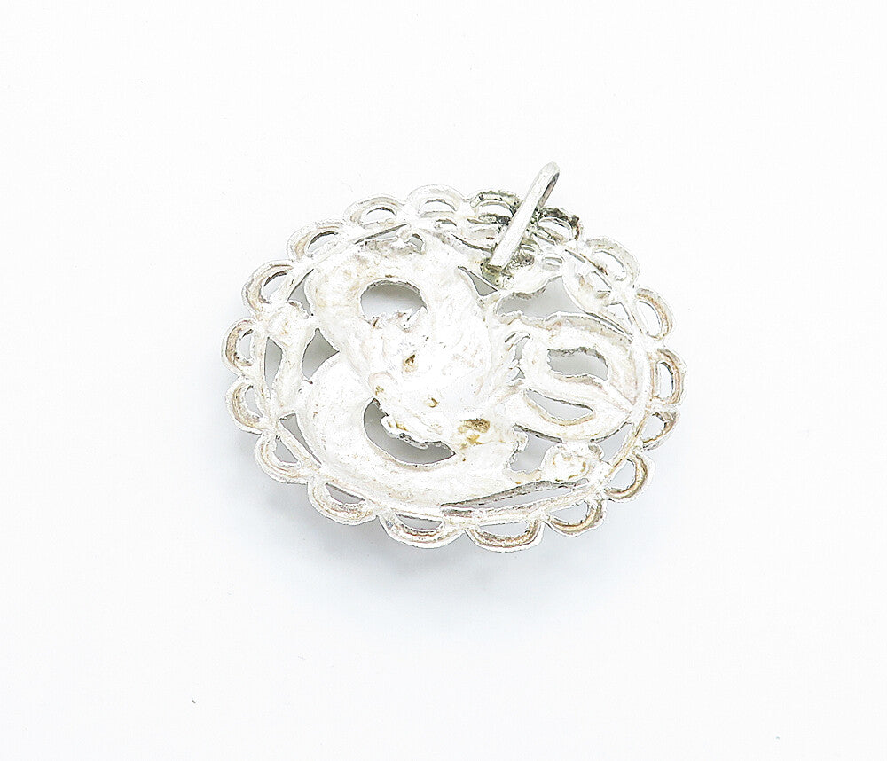 925 Sterling Silver  Vintage Shiny Floral Etched Wavy Border Pendant  PT4047