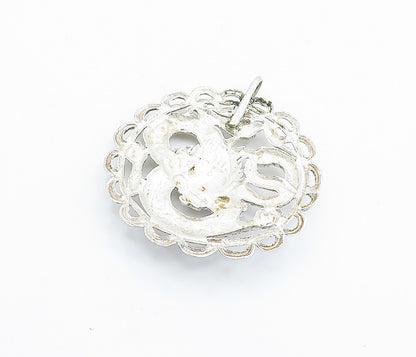 925 Sterling Silver  Vintage Shiny Floral Etched Wavy Border Pendant  PT4047