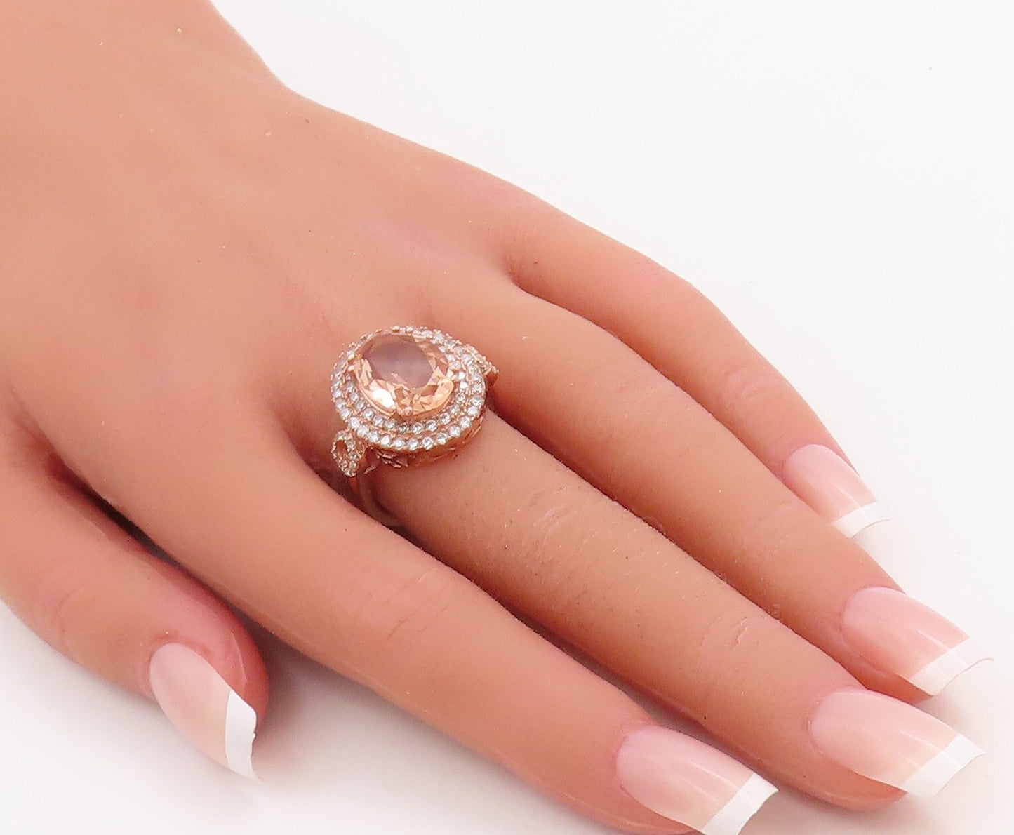 925 Sterling Silver Vintage Ring Gold Plated Oval Morganite & CZ  Sz 7  RG30546