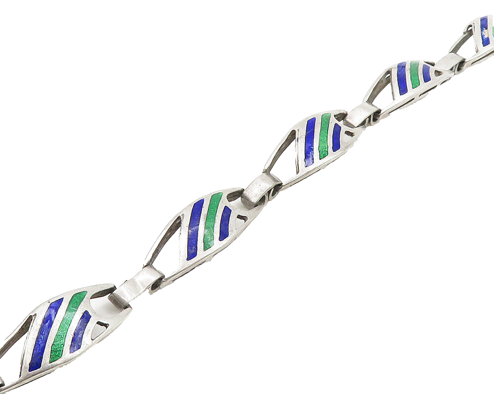 925 Sterling Silver  Vintage Enamel Striped Pattern Chain Bracelet  BT7861