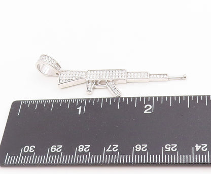 925 Sterling Silver Vintage Pendant Cluster CZ Military AK 47 Rifle Gun  PT25641