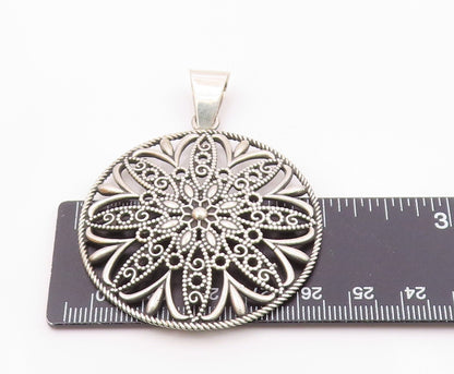 925 Sterling Silver  Vintage Shiny Open Floral Twist Round Pendant  PT10615