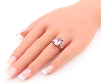 925 Sterling Silver Vintage Ring Heart Cutout Oval Amethyst  Sz 6.5  RG29673