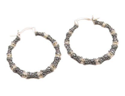 925 Sterling Silver Vintage Earrings Black Spinel Bamboo Style Hoops  EG14351