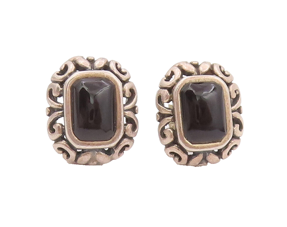 925 Sterling Silver Vintage Earrings Cabochon Square Onyx Swirly Carved  EG12900