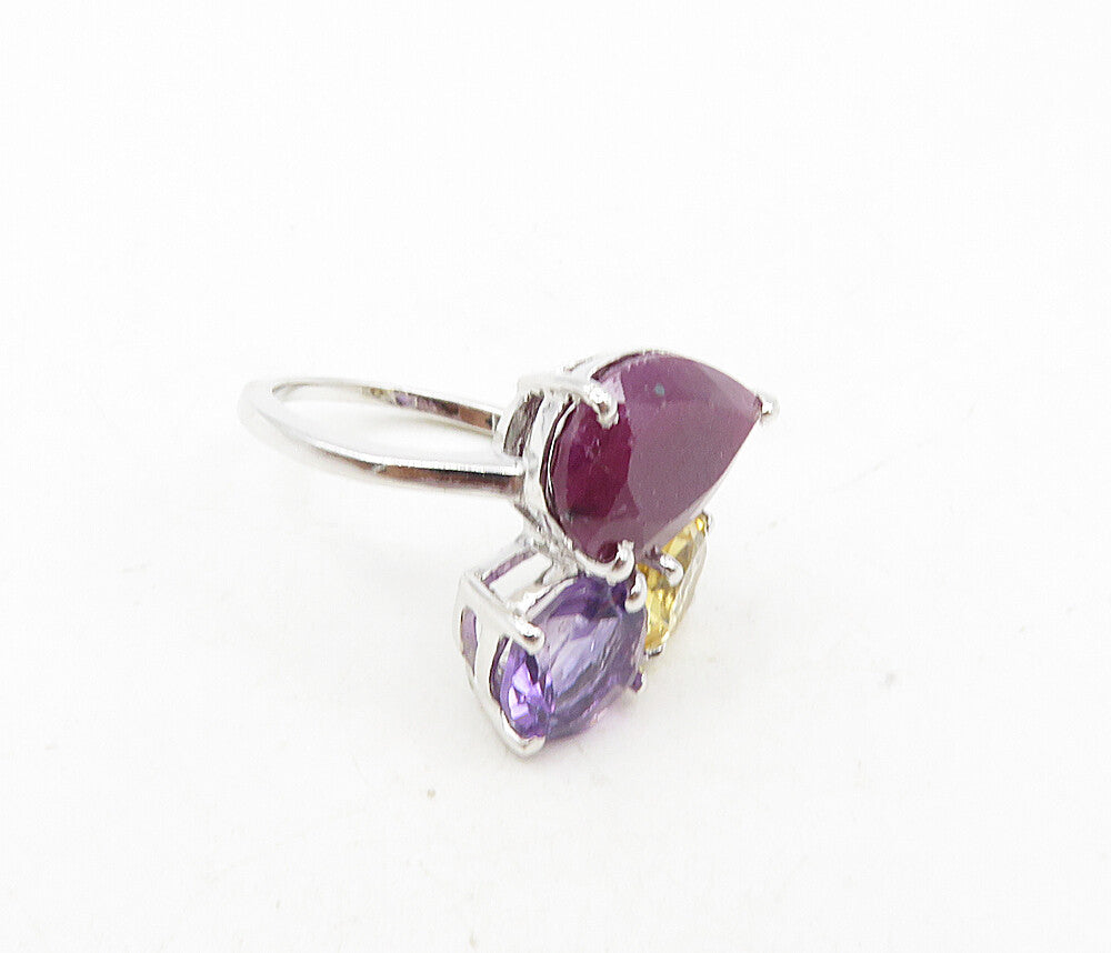 925 Sterling Silver Ruby Amethyst & Topaz Shiny Bypass Band Ring Sz 7 RG8933