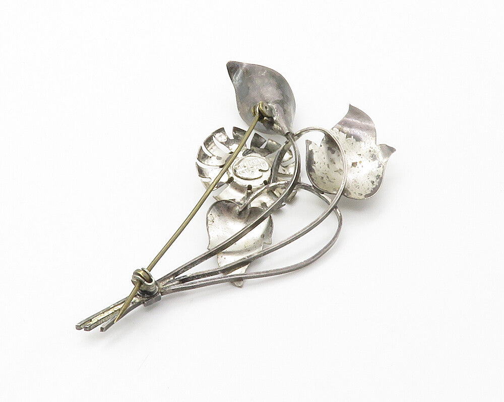 TRUART 925 Sterling Silver  Vintage Red Topaz Flower Motif Brooch Pin  BP5556