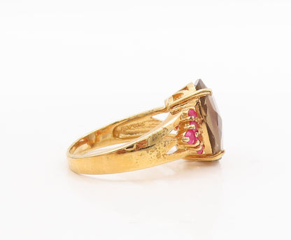 925 Sterling Silver Vintage Ring Gold Plated Smoky Quartz & Ruby  Sz 7  RG29770