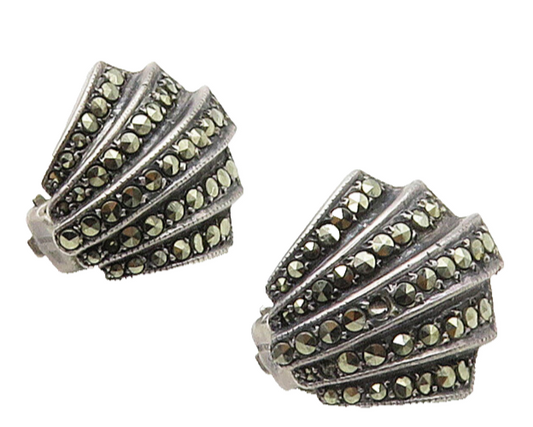 925 Sterling Silver  Vintage Marcasite Scalloped Non Pierce Earrings  EG8210
