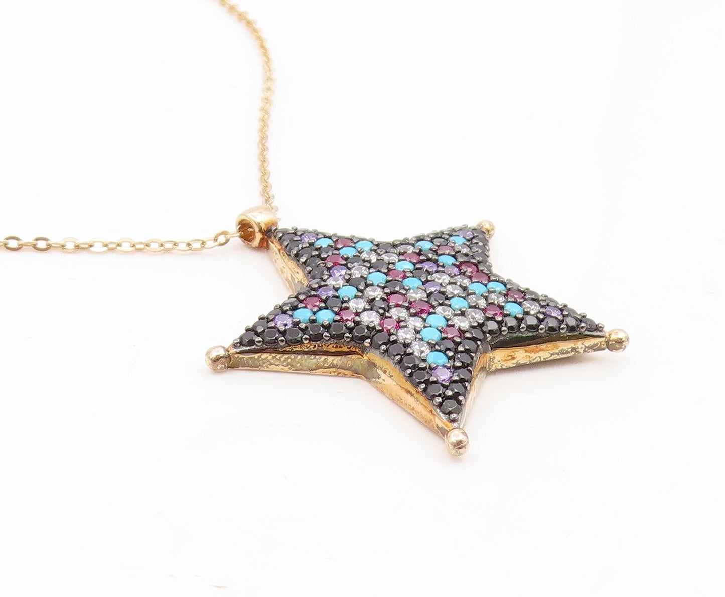 925 Sterling Silver Vintage Necklace Gold Plated Multi Gemstone Star  NE4848