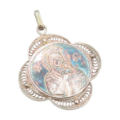 925 Sterling Silver Vintage Pendant Religious Virgin Mary Filigree  PT25942
