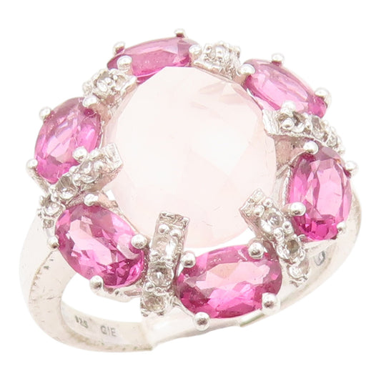 925 Sterling Silver Vintage Ring Rose Quartz & Topaz Floral Band  Sz 8  RG35777
