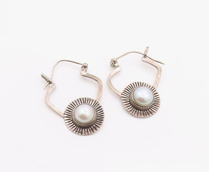 925 Sterling Silver Vintage Earrings Modernist Pearl Sunburst Dangle  EG14379