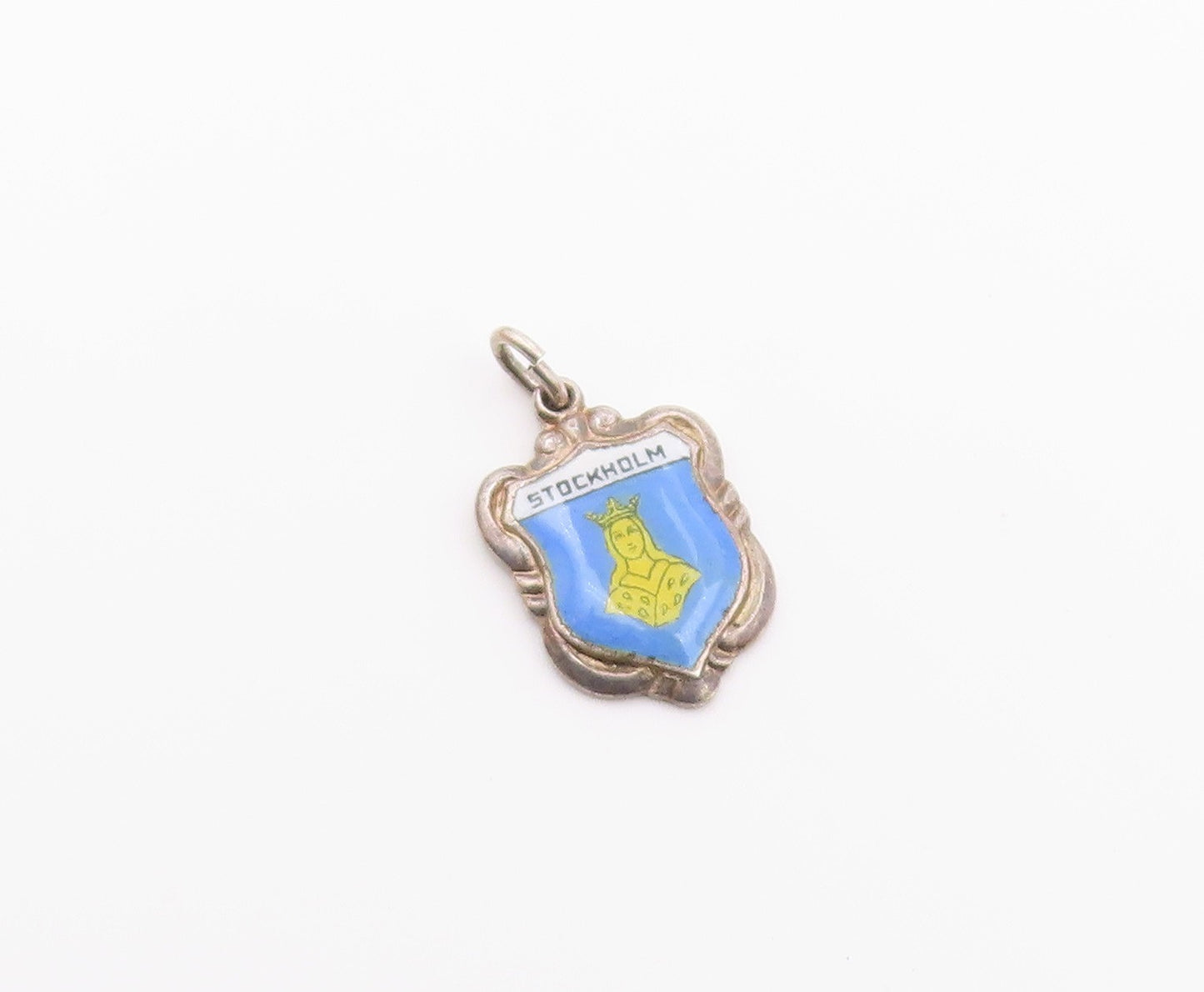 925 Sterling Silver  Vintage Enamel Stockholm Coat Of Arms Pendant  PT16397