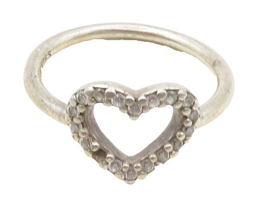 PANDORA 925 Silver  Vintage Shiny Topaz Open Love Heart Ring Sz 6.5  RG19202