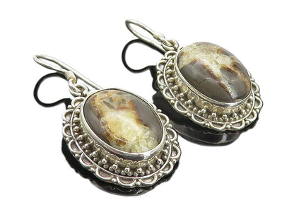 925 Sterling Silver  Vintage Cabochon Cut Jasper Floral Drop Earrings  EG3129
