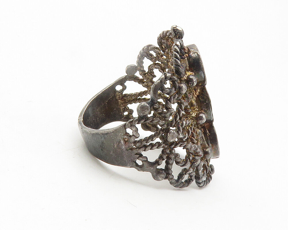925 Sterling Silver  Vintage Enamel Floral Art Twist Band Ring Sz 5.5  RG11892