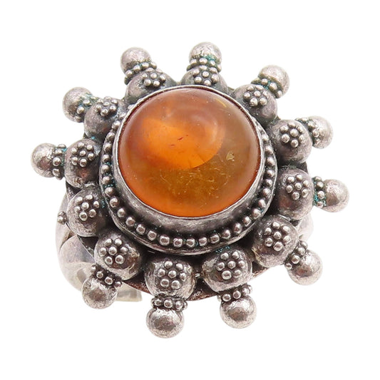 925 Sterling Silver Vintage Ring Round Cabochon Amber Floral Band  Sz 7  RG33799
