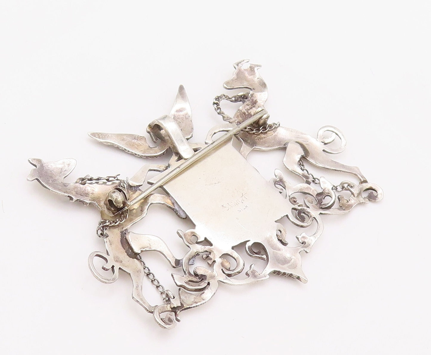 925 Sterling Silver Vintage Brooch Pin Coats Of Arms 2 Dogs Eagle Crest  BP11189