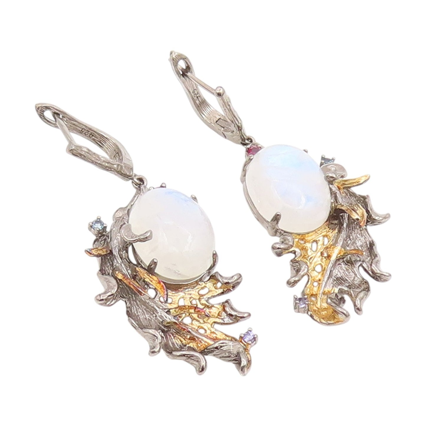 925 Sterling Silver Vintage Earrings Cabochon Moonstone Leaf Design  EG13845