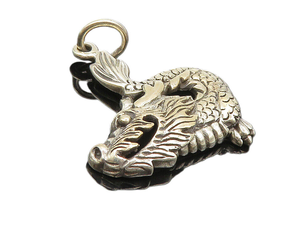 925 Sterling Silver  Vintage Shiny Etched Dragon Motif Drop Pendant  PT6822