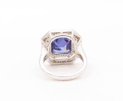 925 Sterling Silver Vintage Ring Square Sapphire Halo CZ Bands  Sz 7  RG30786