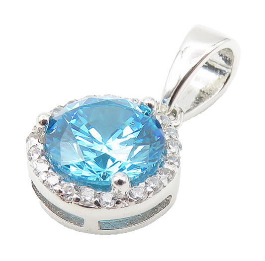 925 Sterling Silver  Shiny Petite Blue Topaz Round Drop Pendant  PT9309