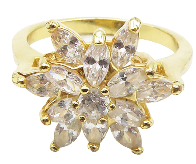 925 Sterling Silver  Cubic Zirconia Floral Gold Plated Band Ring Sz 7 RG15930