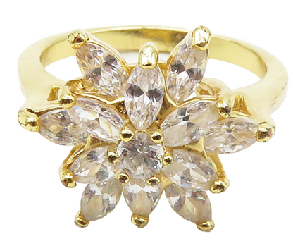 925 Sterling Silver  Cubic Zirconia Floral Gold Plated Band Ring Sz 7 RG15930