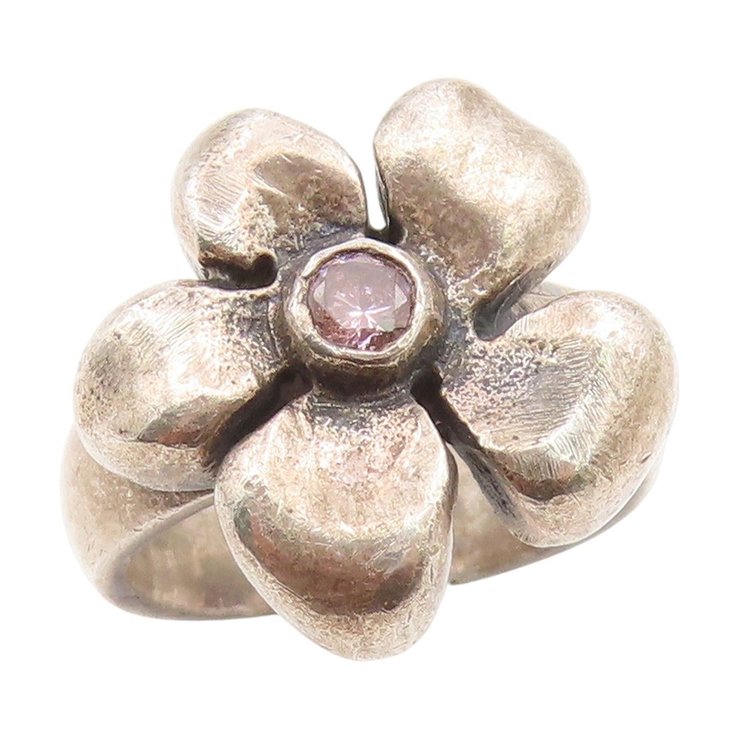 925 Sterling Silver Vintage Ring Pink Topaz Floral Blossom Band  Sz 7  RG34877