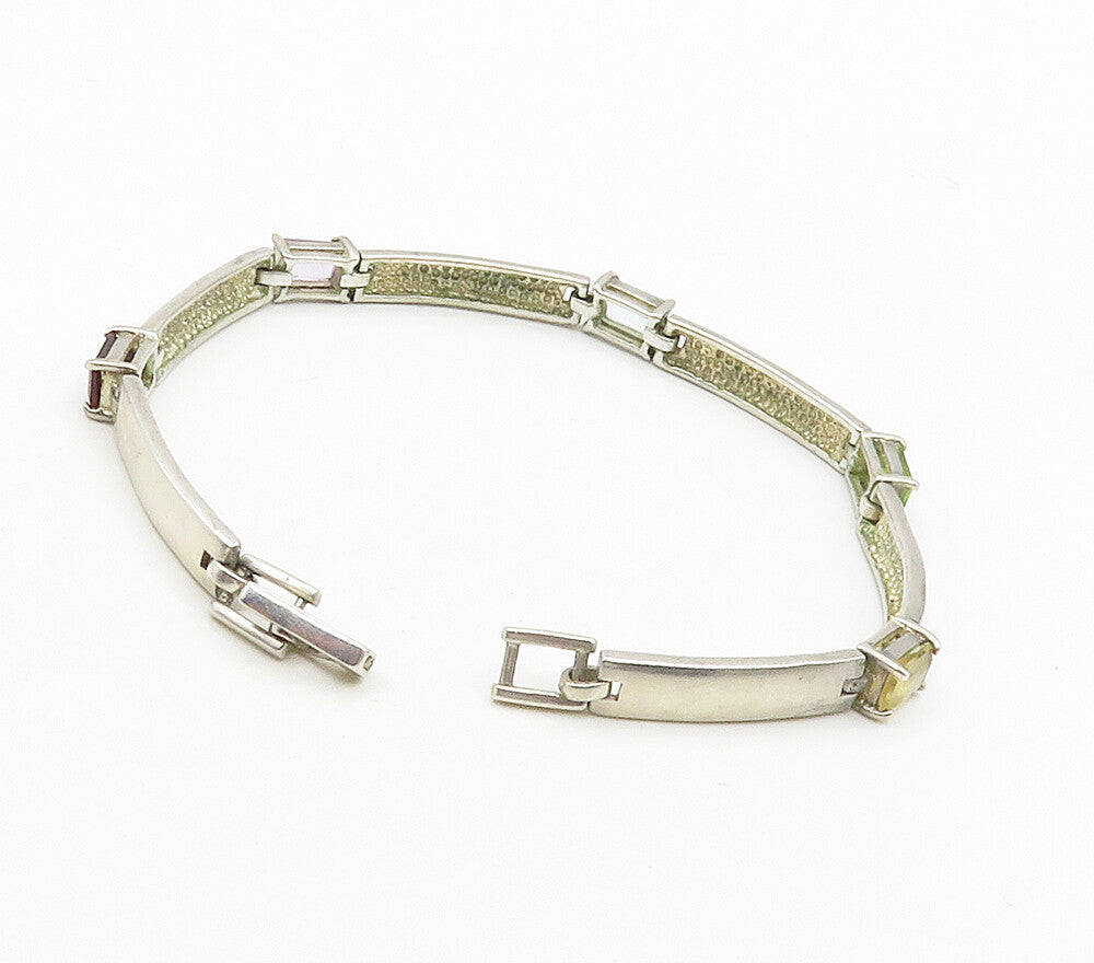 925 Sterling Silver  Topaz Amethyst & Peridot Bar Link Chain Bracelet  BT6224