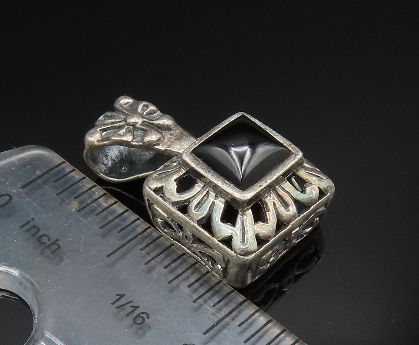 925 Sterling Silver  Vintage Square Black Onyx Scroll Work Pendant  PT20707