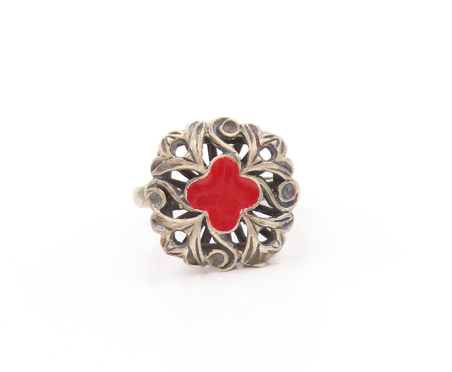 925 Sterling Silver Vintage Ring Enameled Victorian Swirly Flower  Sz 8  RG33009