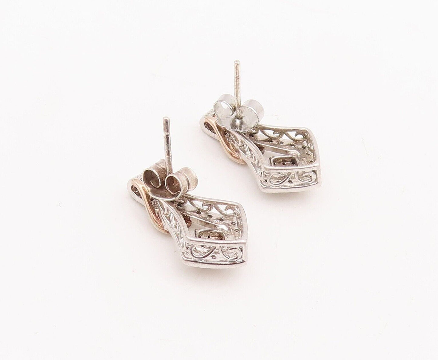 925 Sterling Silver Vintage Earrings Solid Design Cutout Diamonds Inlay  EG13059