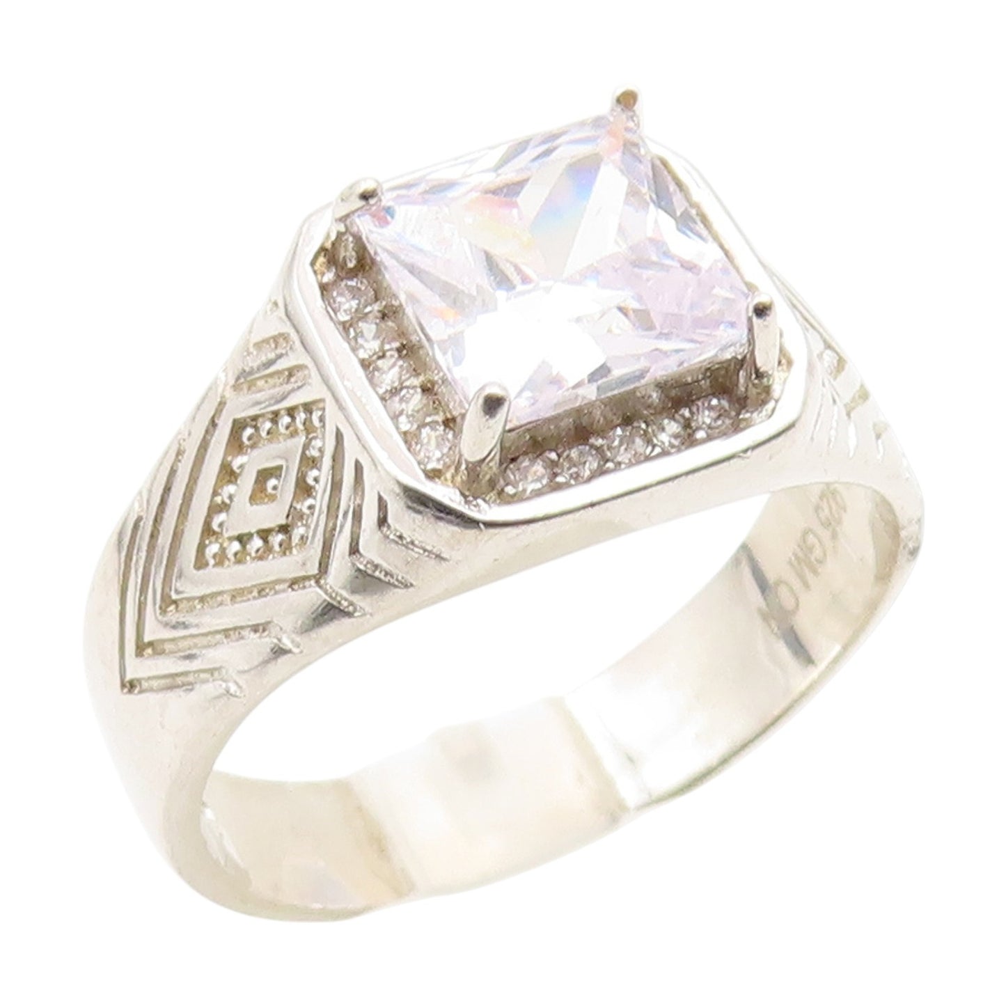 925 Sterling Silver Vintage Ring Classic CZ Etched Geometric Band Sz 12 RG35153