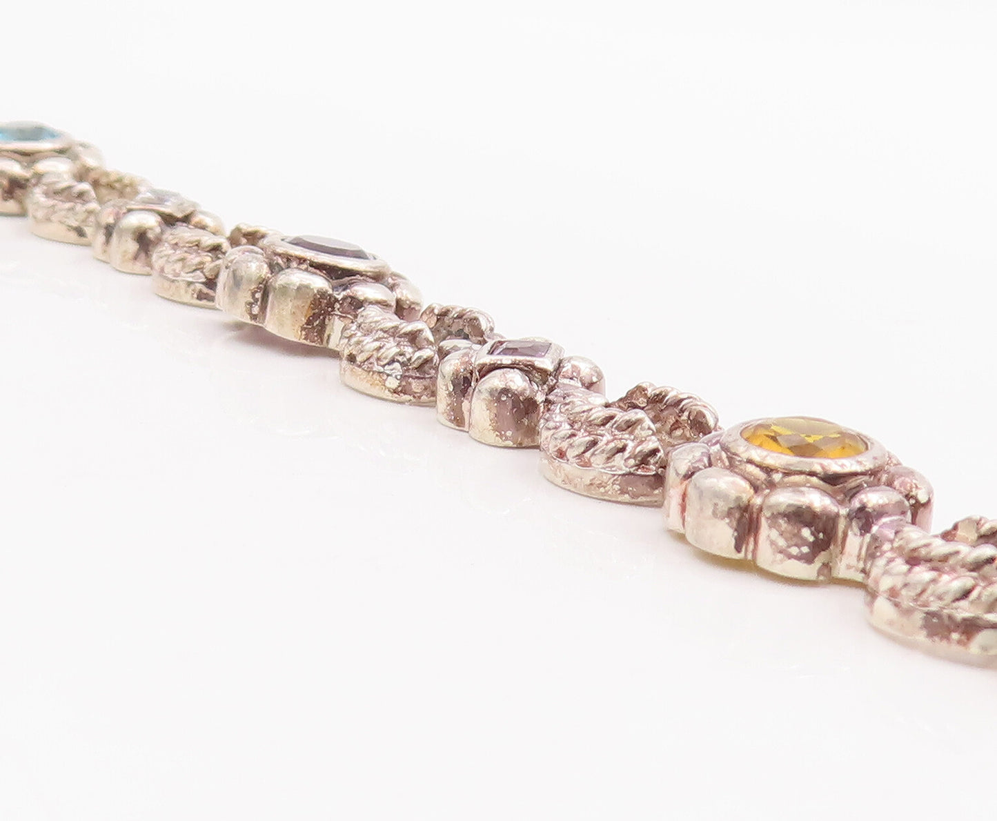 925 Sterling Silver Vintage Bracelet Amethyst Flowers & Ring Linked  BT10591