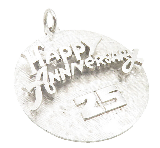 925 Sterling Silver  Shiny Etched Happy 25th Anniversary Drop Pendant  PT9632