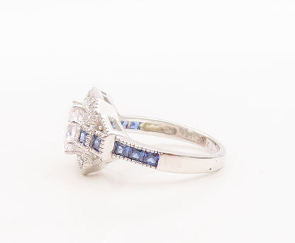 925 Sterling Silver Vintage Ring Round & Square Cut 2 Tone Sapphire Sz 7 RG29219