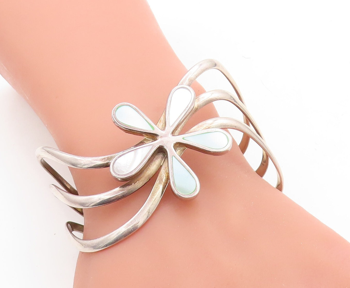 925 Sterling Silver  Vintage Mother Of Pearl Flower Split Cuff Bracelet BT2258